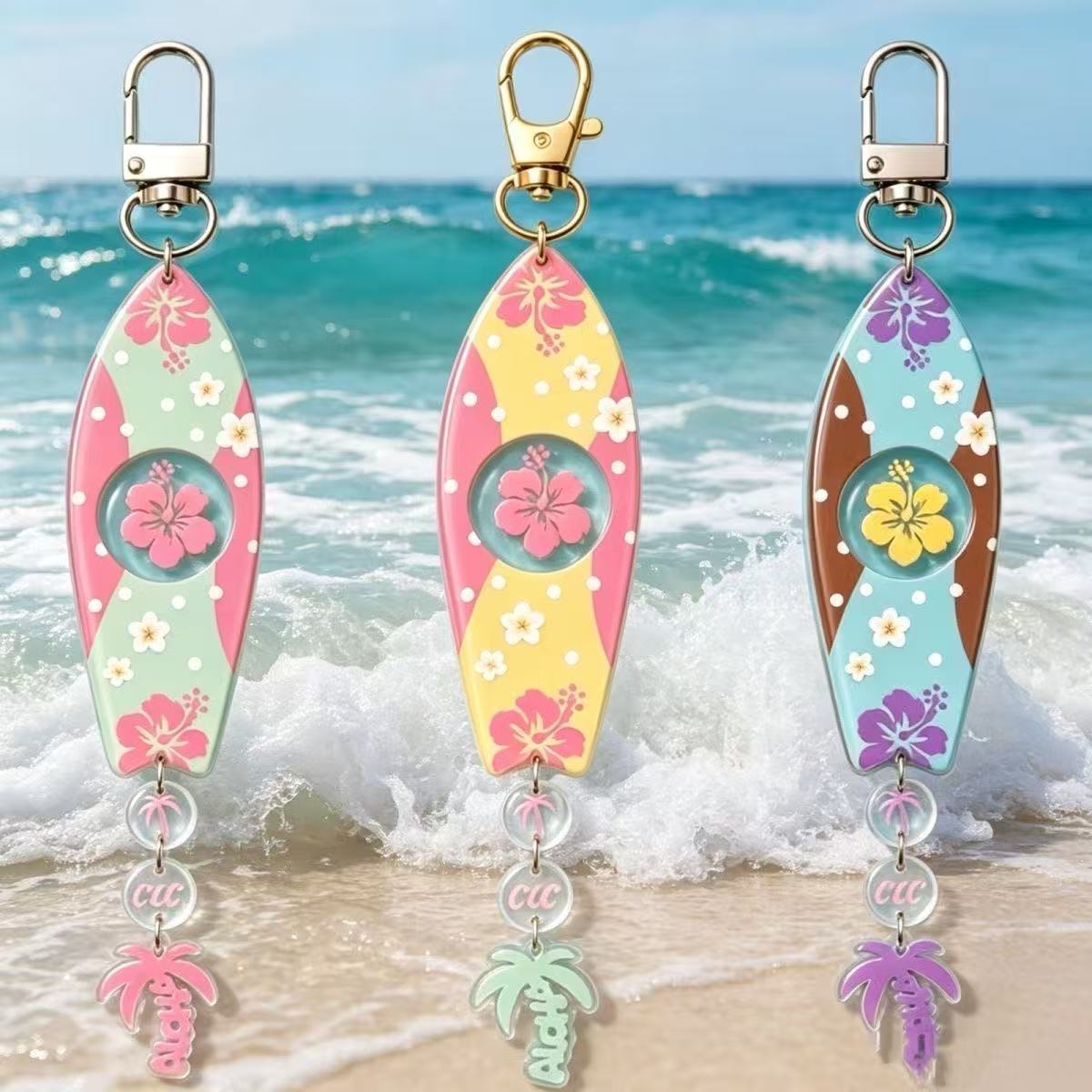 Jewelry Making Kit - INS ハワイアンサーフボード型アクリルキーホルダーセット ハイビスカスフラワー＆ヤシの木デザインキーホルダー ジュエリー