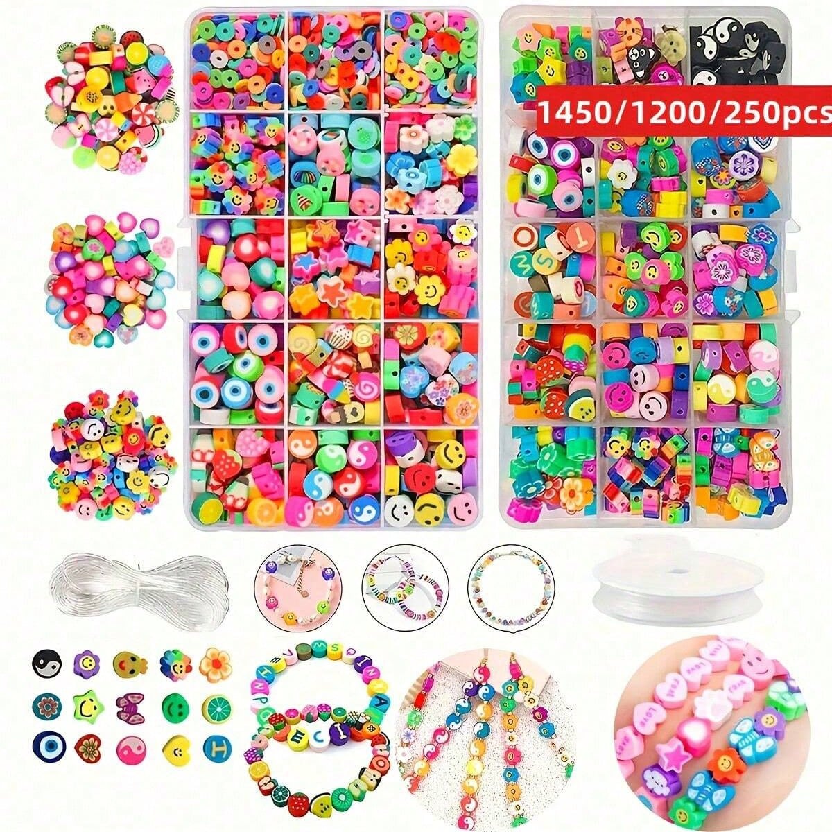 Jewelry Making Yarn - 1450/1200/250個入りポリマークレイビーズセット、ボックス、ゴム紐束、DIYジュエリー製作、イヤリング、ブレスレット、ネックレス