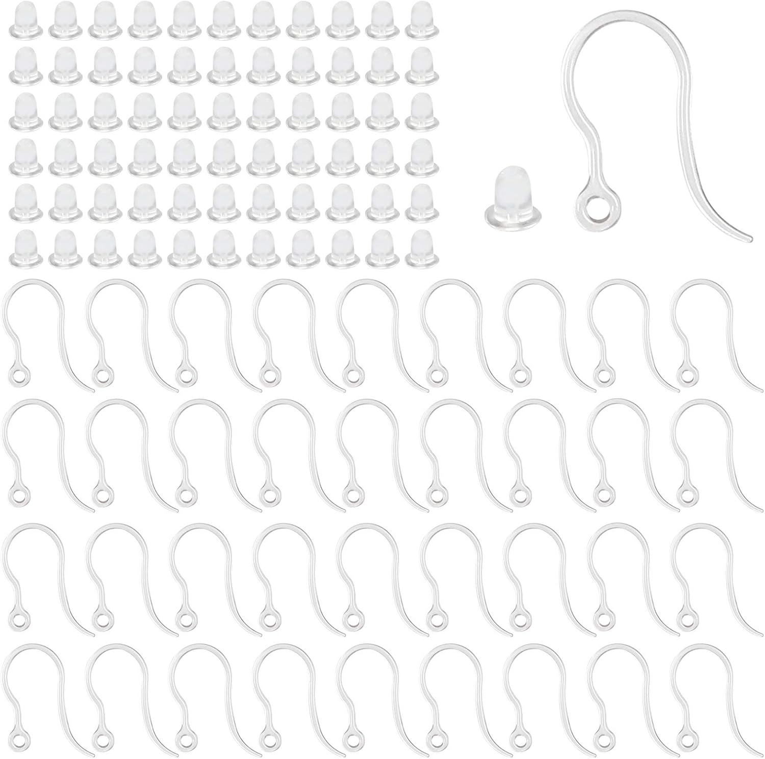Jewelry Making Yarn - 40個の透明なプラスチック製イヤリングフック、ループ付きイヤーワイヤー、透明なイヤリングストッパー付きフレンチフィッシュフック、DIYジュエリー製作用