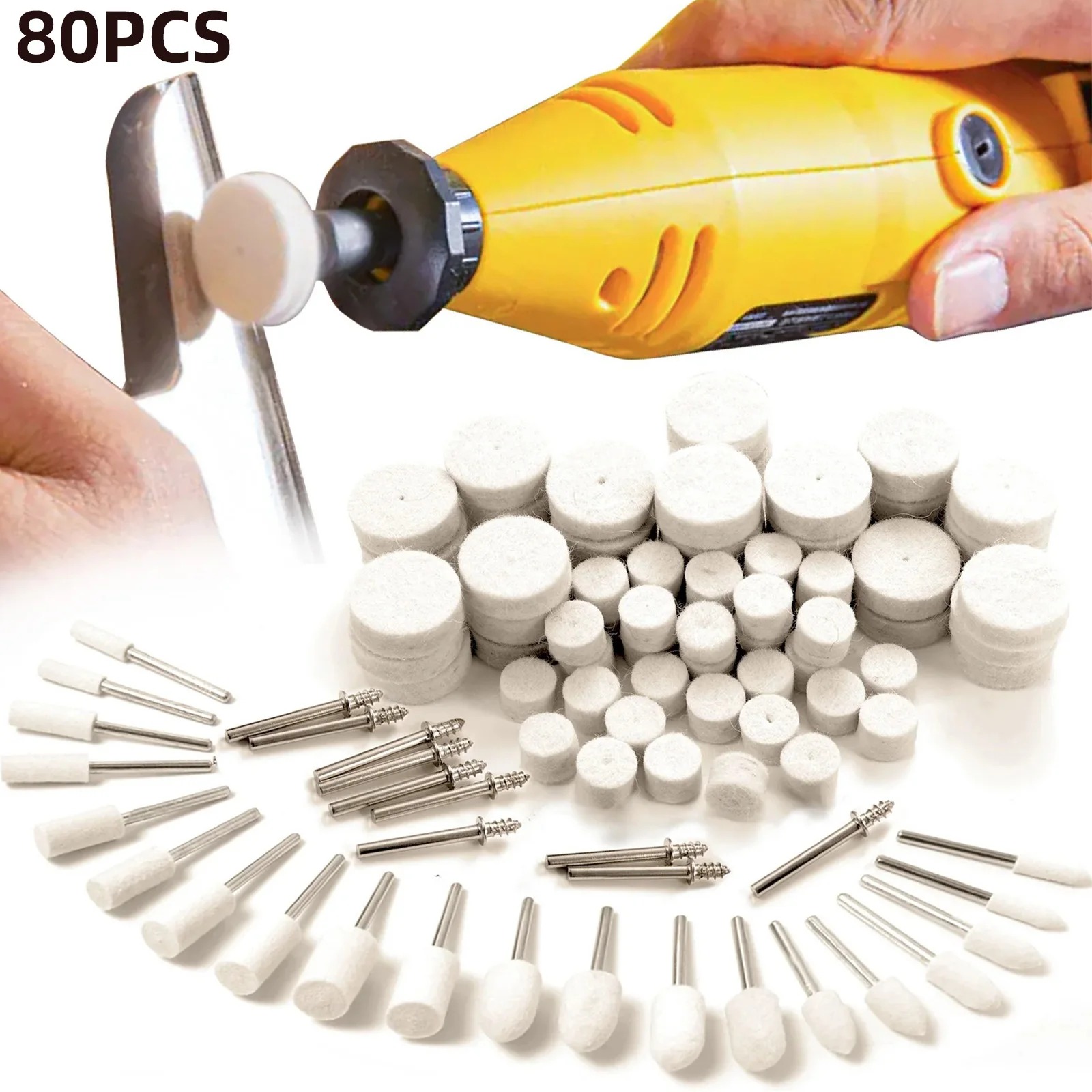 Jewelry Making Set - 80個入りウールフェルトバフ研磨ホイールキット、1/8インチシャンク回転工具研磨ホイール、金属、ジュエリー、木材、プラスチック、樹脂用