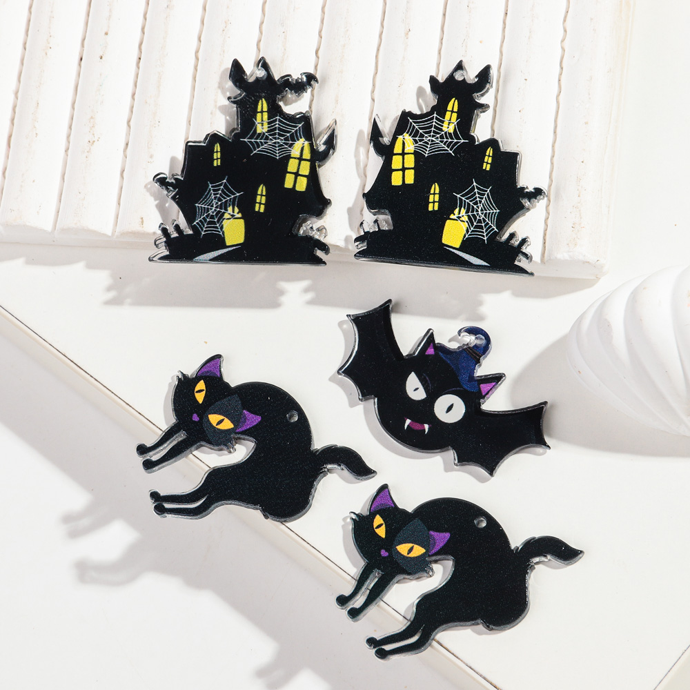 アクリルハロウィンチャーム新しいゴシック黒猫コウモリ城ペンダ - Jewelry Making Newcastle のレビューと価格