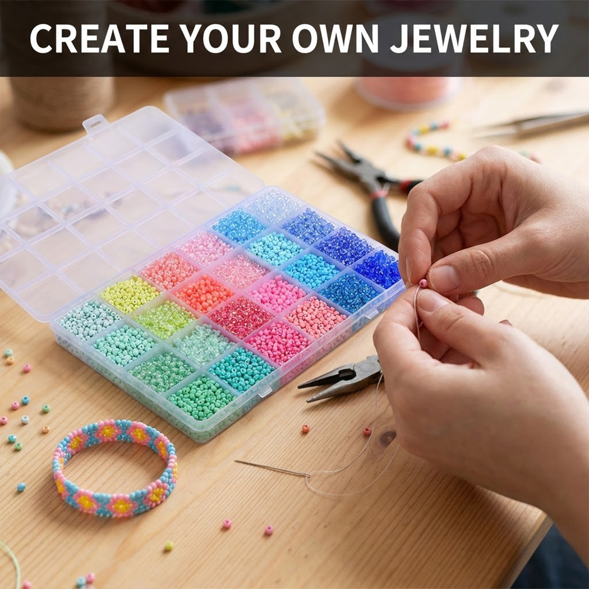 5200個 3mm ガラスシードビーズキット 24グリッド収 - Jewelry Making Tutorials のレビューと価格